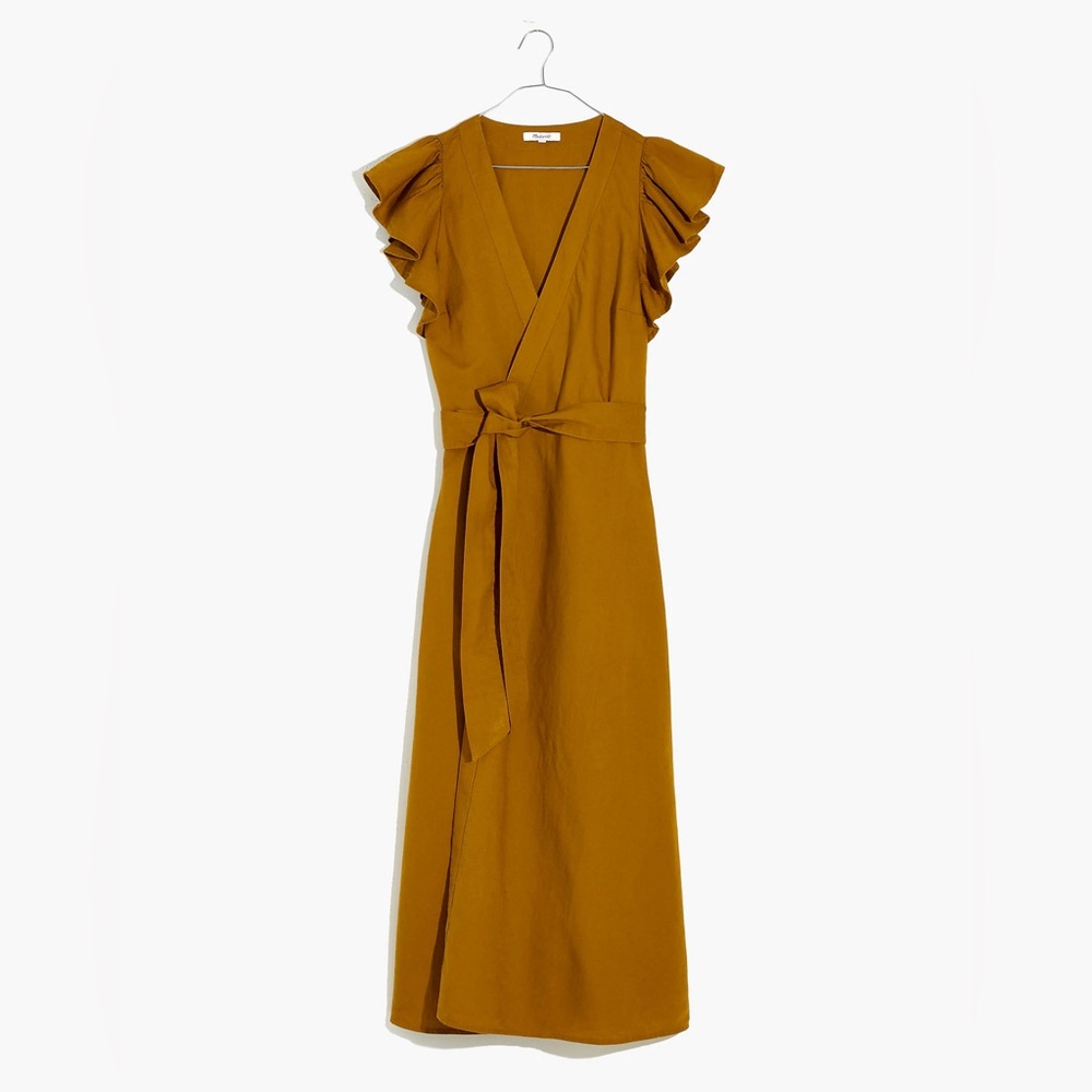 Madewell Linen-Blend Ruffle-Sleeve Wrap Midi Dress NWOT
